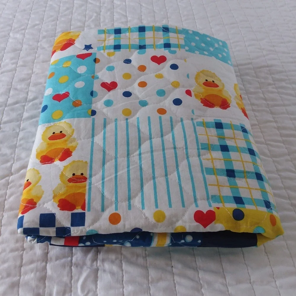 Handmade Baby Quilt Duck Patchwork Blanket Satin Trim Play Mat Blue Yellow 45x28